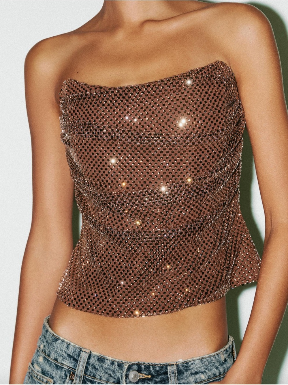 ZARA Copper/Brown Embellished Draped Rhinestone Bustier